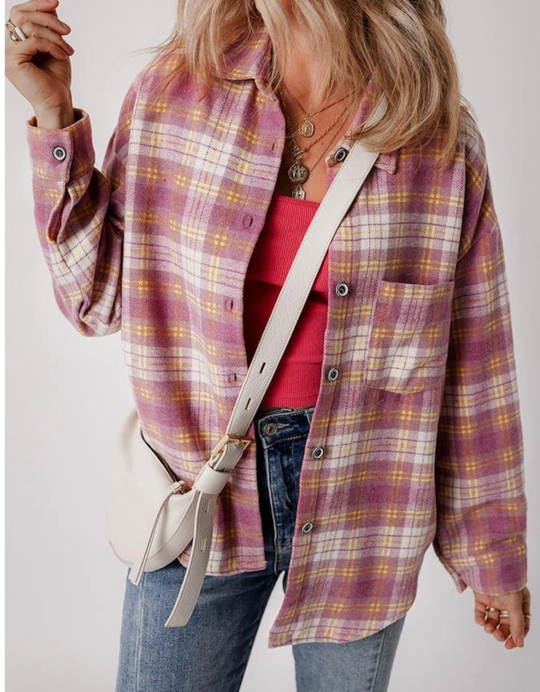 Pink Plaid Print Chest Pocket Long Sleeve Shacket