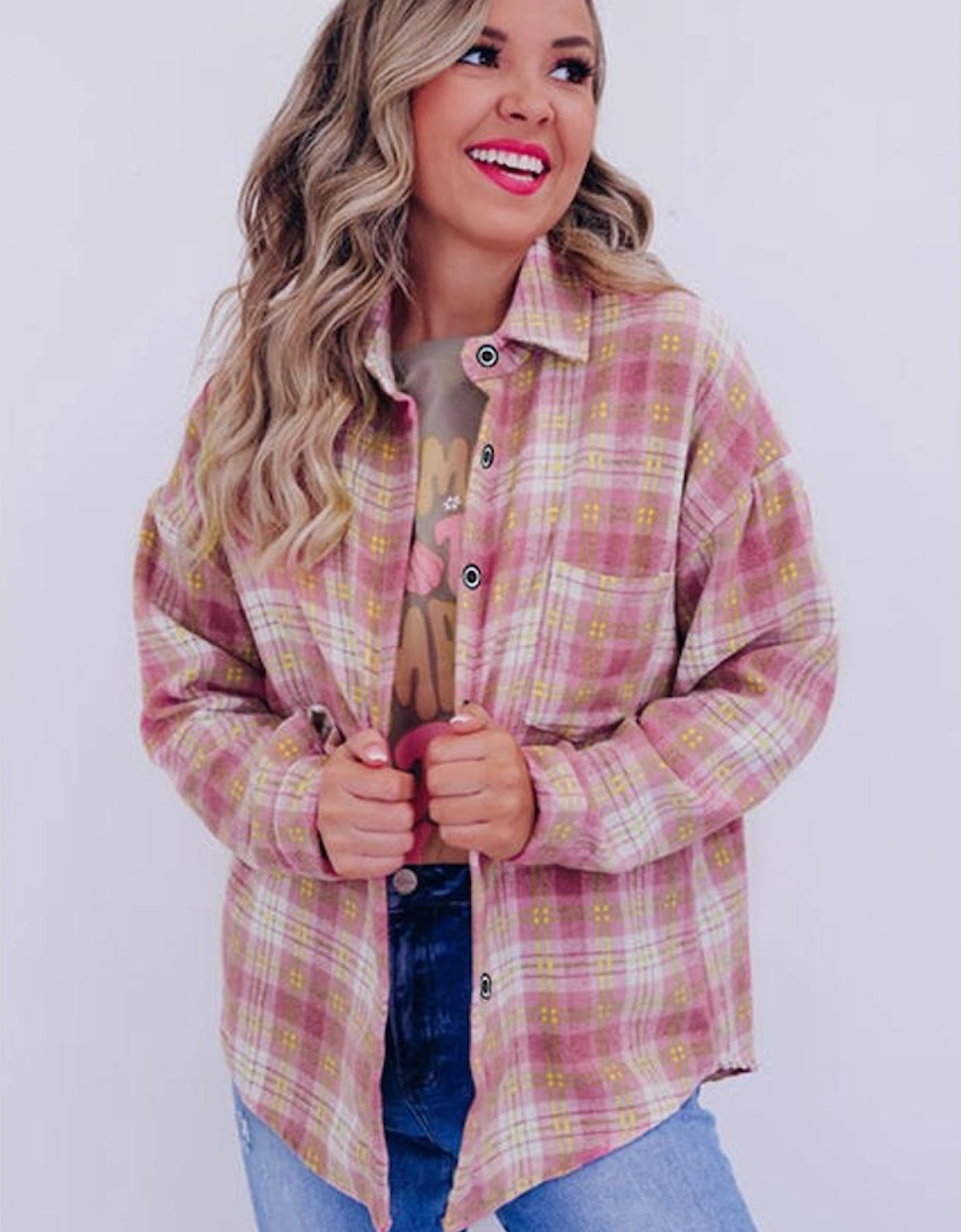 Pink Plaid Print Chest Pocket Long Sleeve Shacket