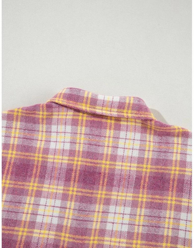 Pink Plaid Print Chest Pocket Long Sleeve Shacket