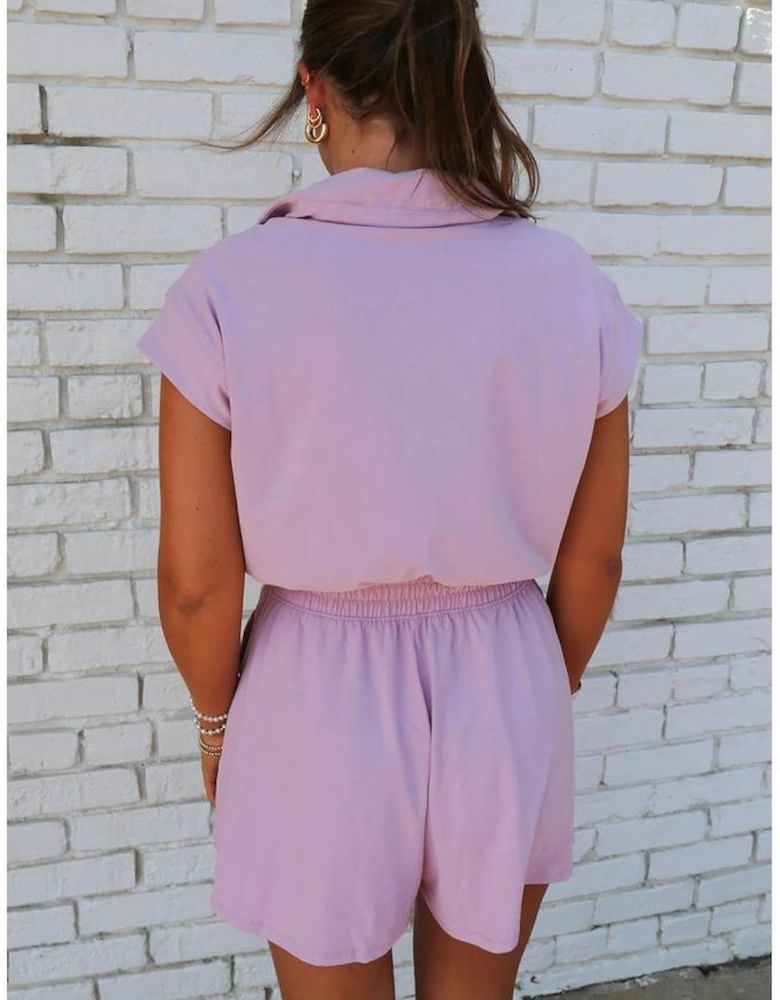 Orchid Bouquet Short Sleeve Zipper Collared Elastic High Waist Romper