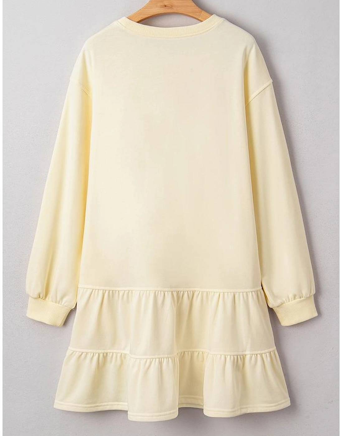 Beige Double Tiered Ruffle Hem Long Sleeve Loose Mini Dress