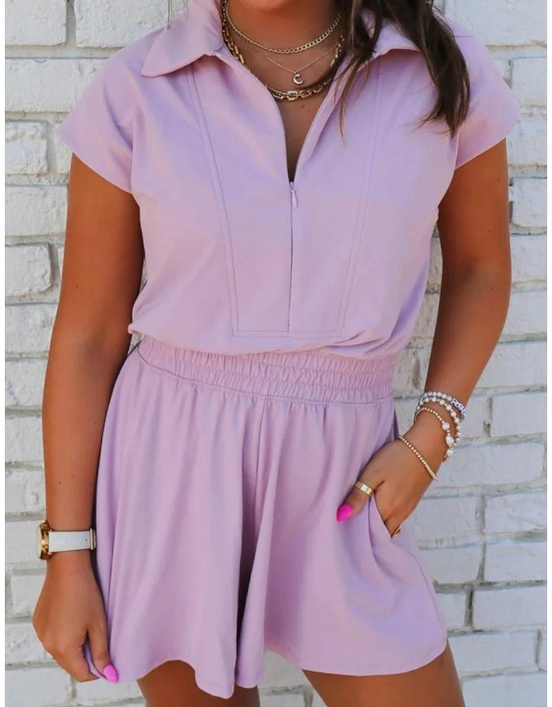 Orchid Bouquet Short Sleeve Zipper Collared Elastic High Waist Romper