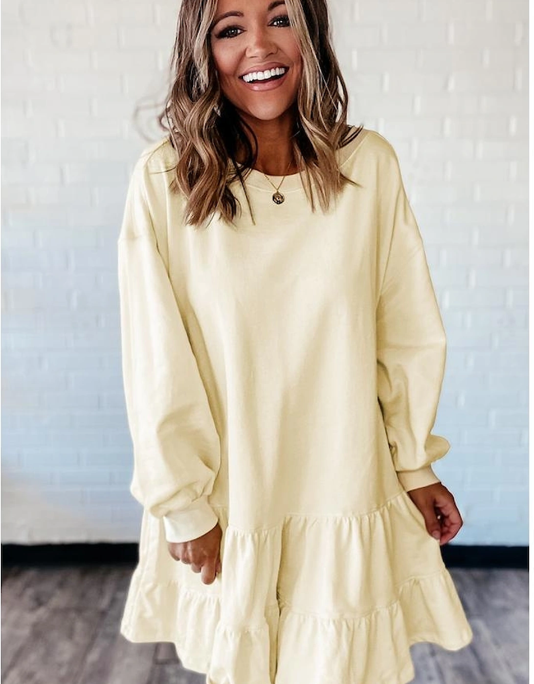 Beige Double Tiered Ruffle Hem Long Sleeve Loose Mini Dress
