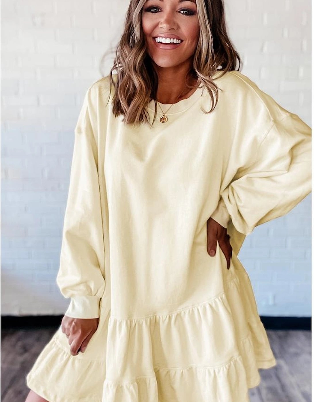 Beige Double Tiered Ruffle Hem Long Sleeve Loose Mini Dress