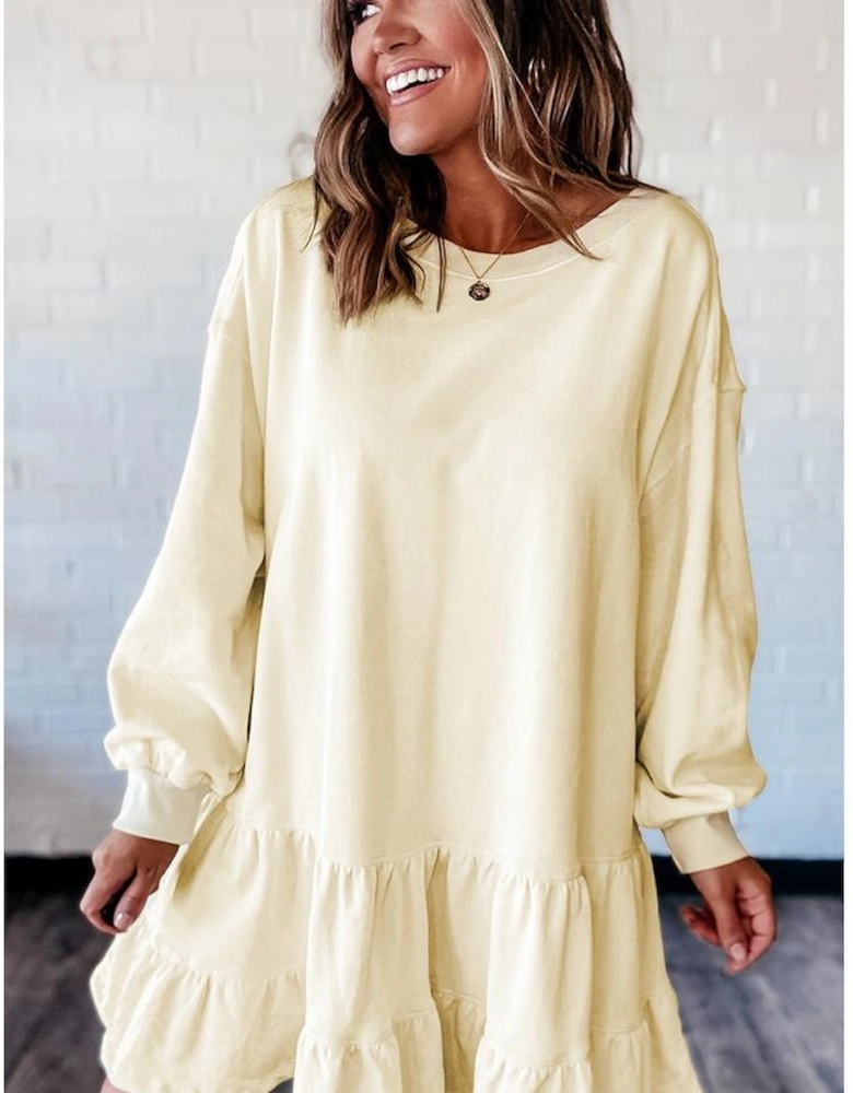 Beige Double Tiered Ruffle Hem Long Sleeve Loose Mini Dress
