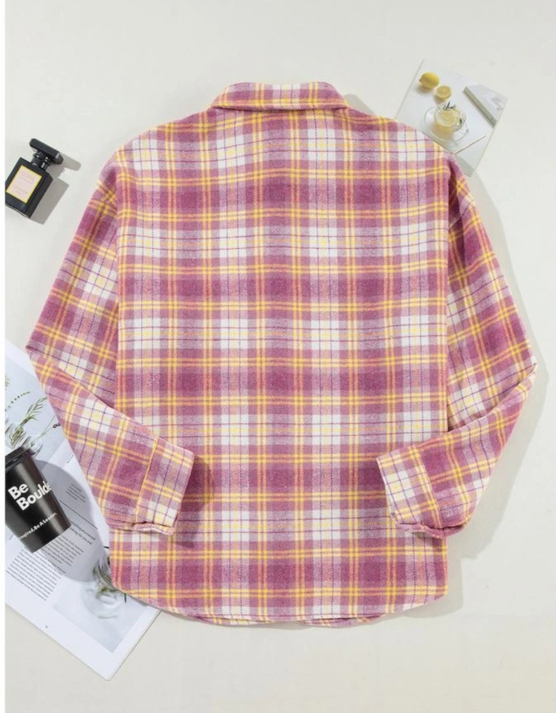 Pink Plaid Print Chest Pocket Long Sleeve Shacket