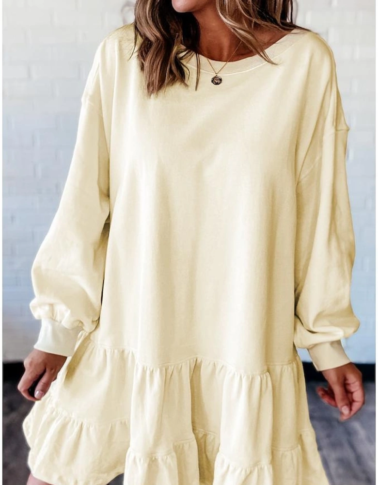 Beige Double Tiered Ruffle Hem Long Sleeve Loose Mini Dress