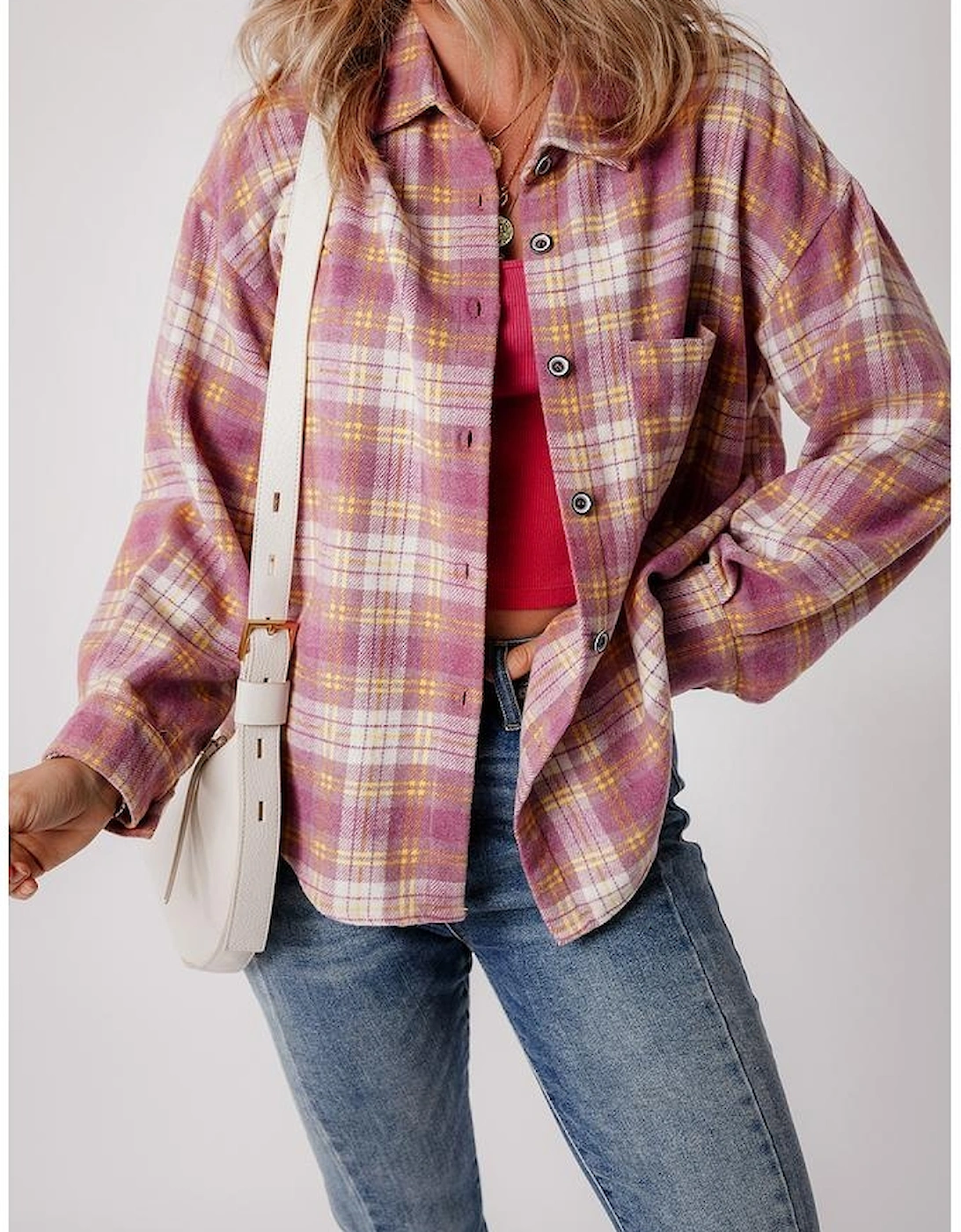 Pink Plaid Print Chest Pocket Long Sleeve Shacket