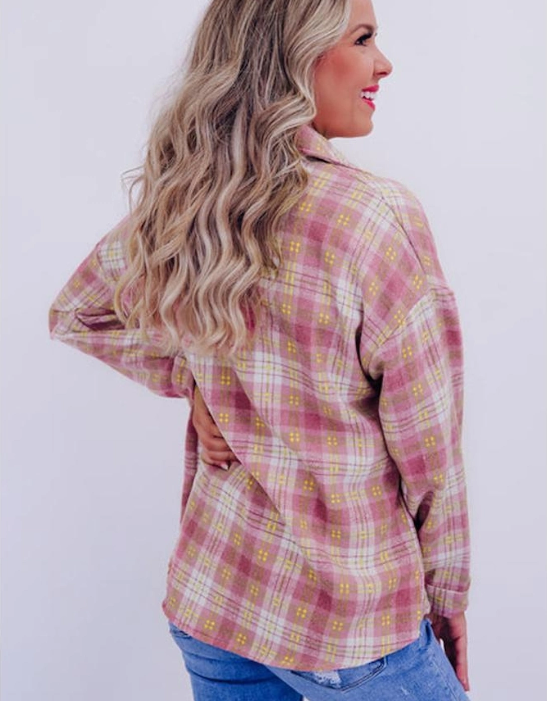 Pink Plaid Print Chest Pocket Long Sleeve Shacket