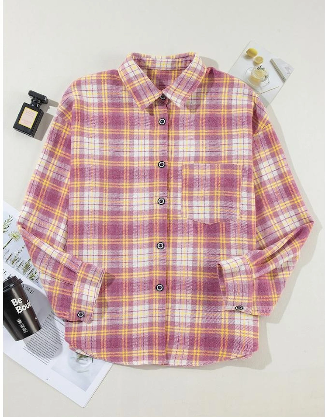 Pink Plaid Print Chest Pocket Long Sleeve Shacket