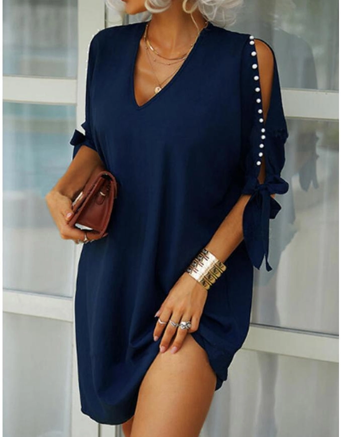 Azura Exchange Chic Pearl Beading Cold Shoulder V Neck Shift Dress