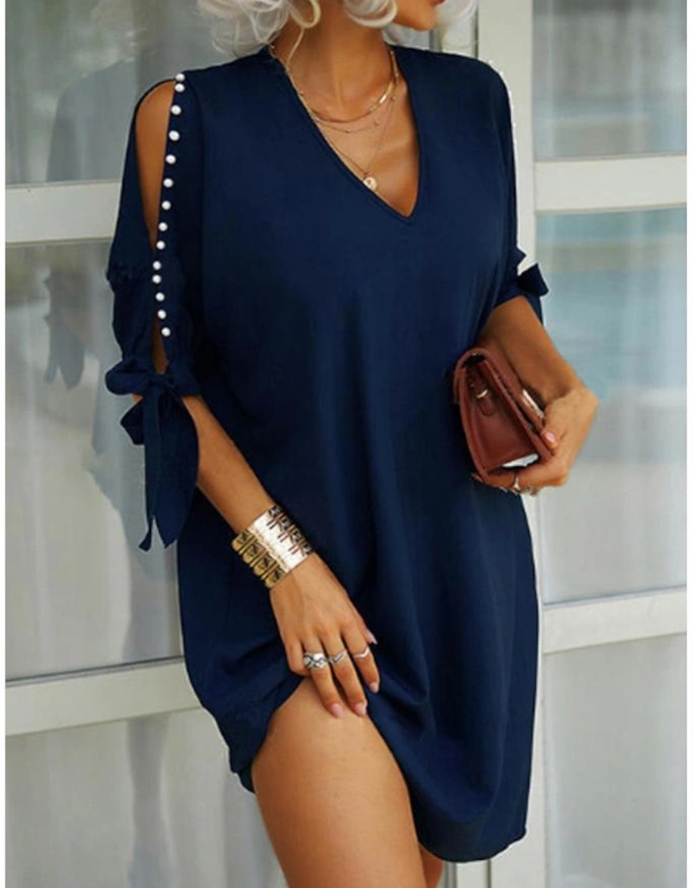 Azura Exchange Chic Pearl Beading Cold Shoulder V Neck Shift Dress