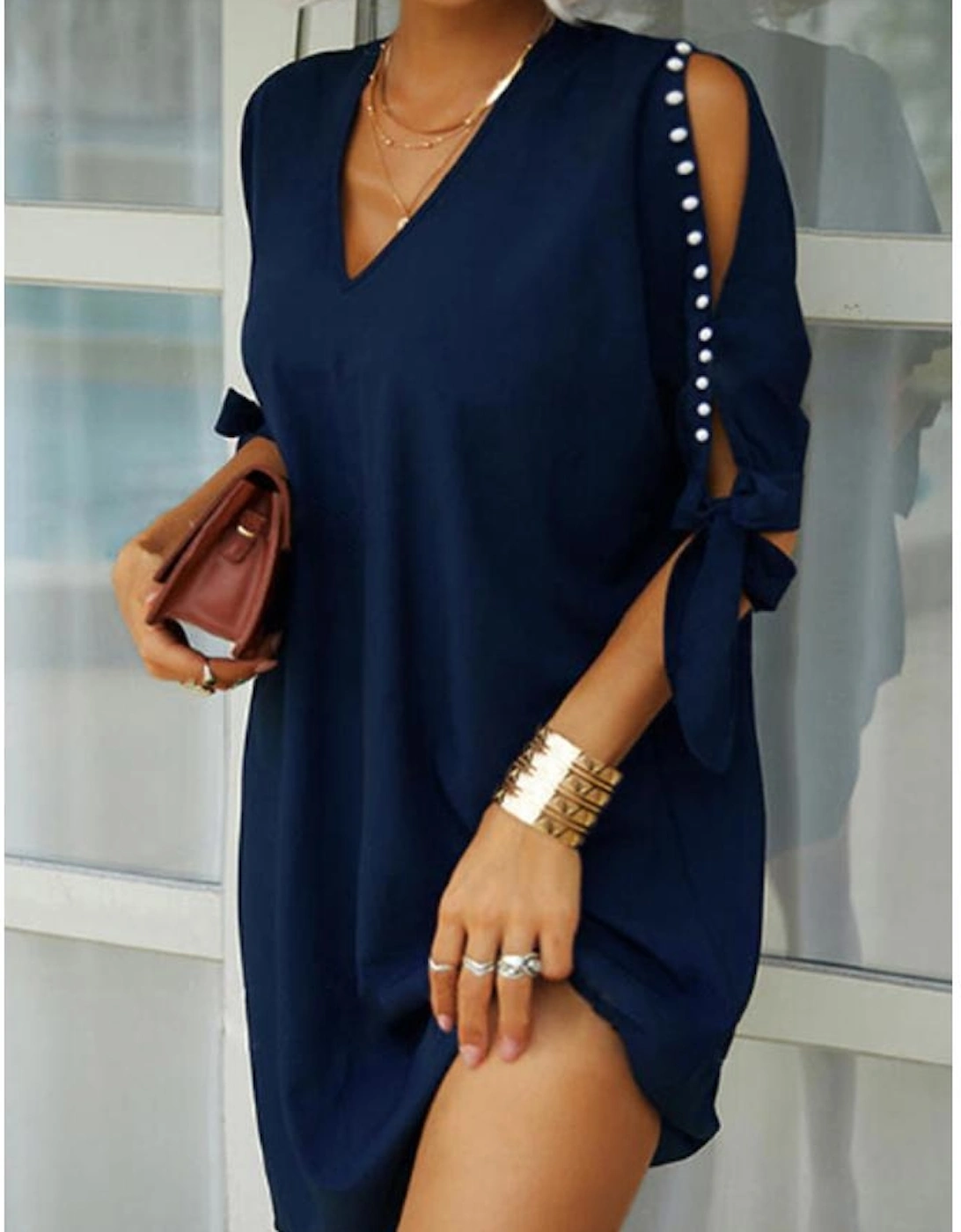 Azura Exchange Chic Pearl Beading Cold Shoulder V Neck Shift Dress