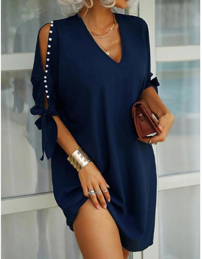 Azura Exchange Chic Pearl Beading Cold Shoulder V Neck Shift Dress