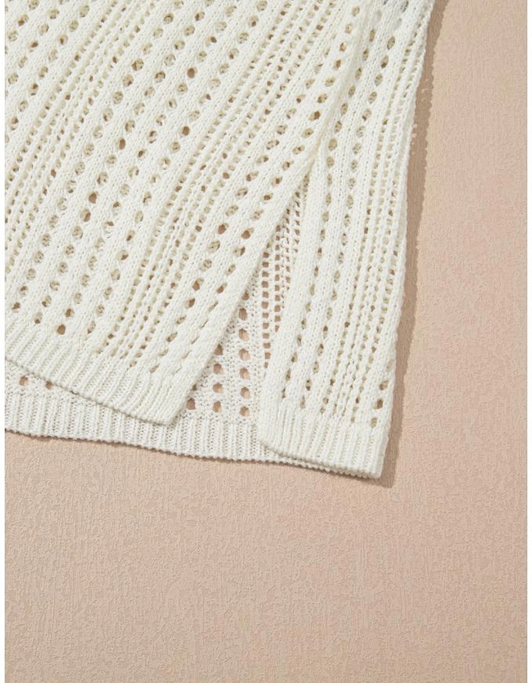 Beige Open Knit Drawstring Waist Beach Dress