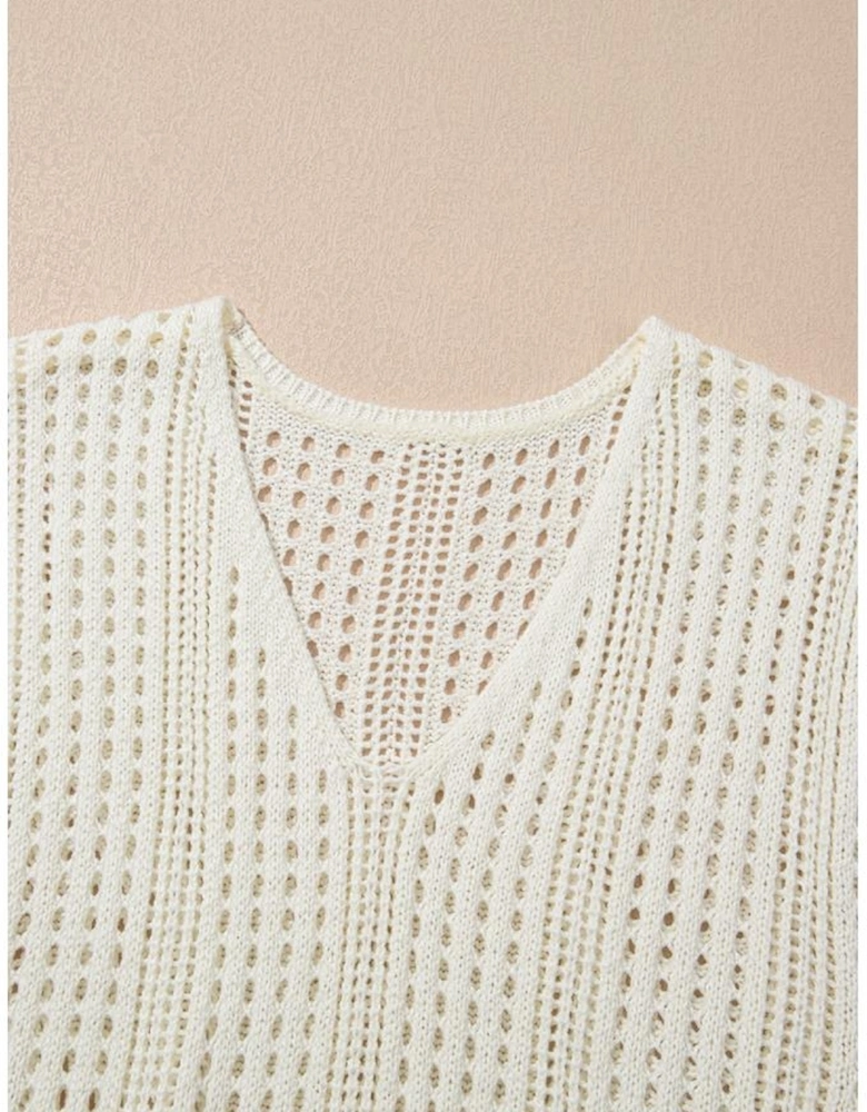 Beige Open Knit Drawstring Waist Beach Dress