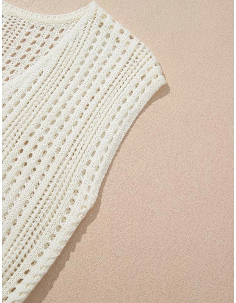 Beige Open Knit Drawstring Waist Beach Dress