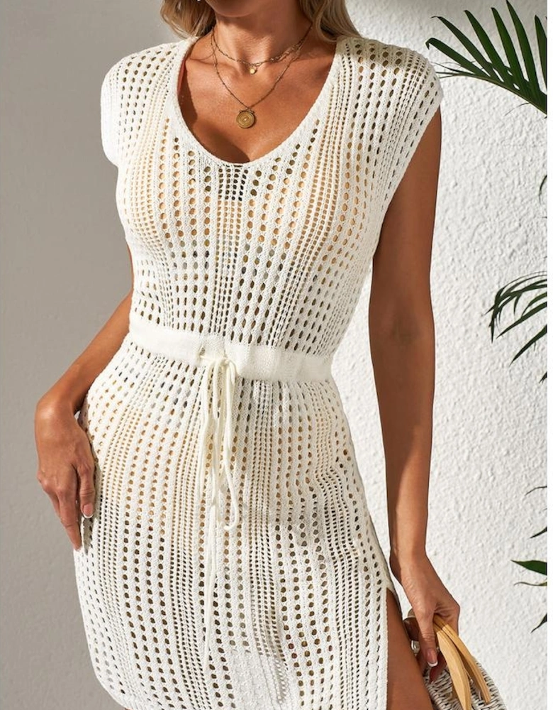 Beige Open Knit Drawstring Waist Beach Dress