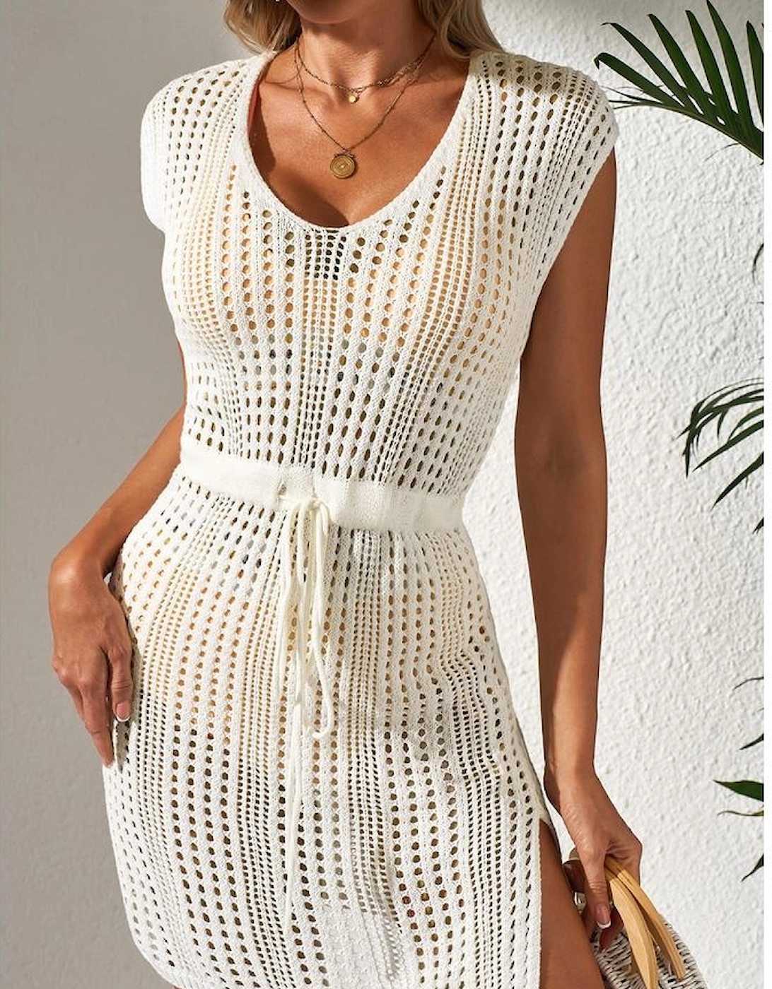 Beige Open Knit Drawstring Waist Beach Dress