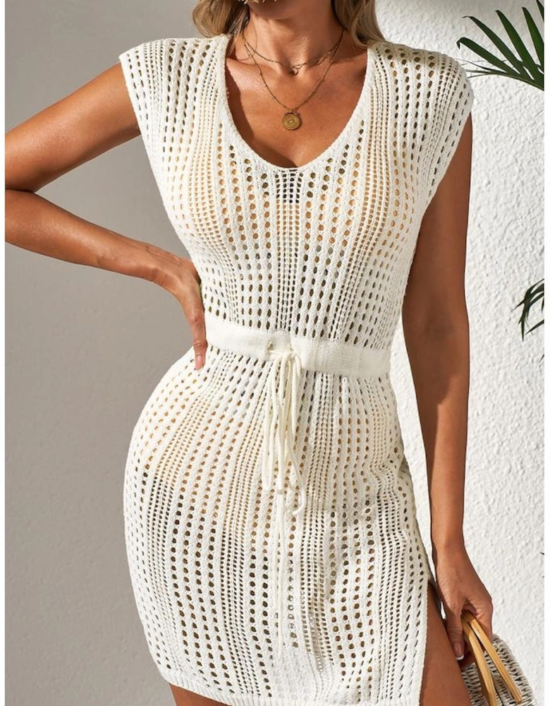 Beige Open Knit Drawstring Waist Beach Dress