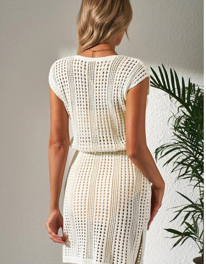 Beige Open Knit Drawstring Waist Beach Dress