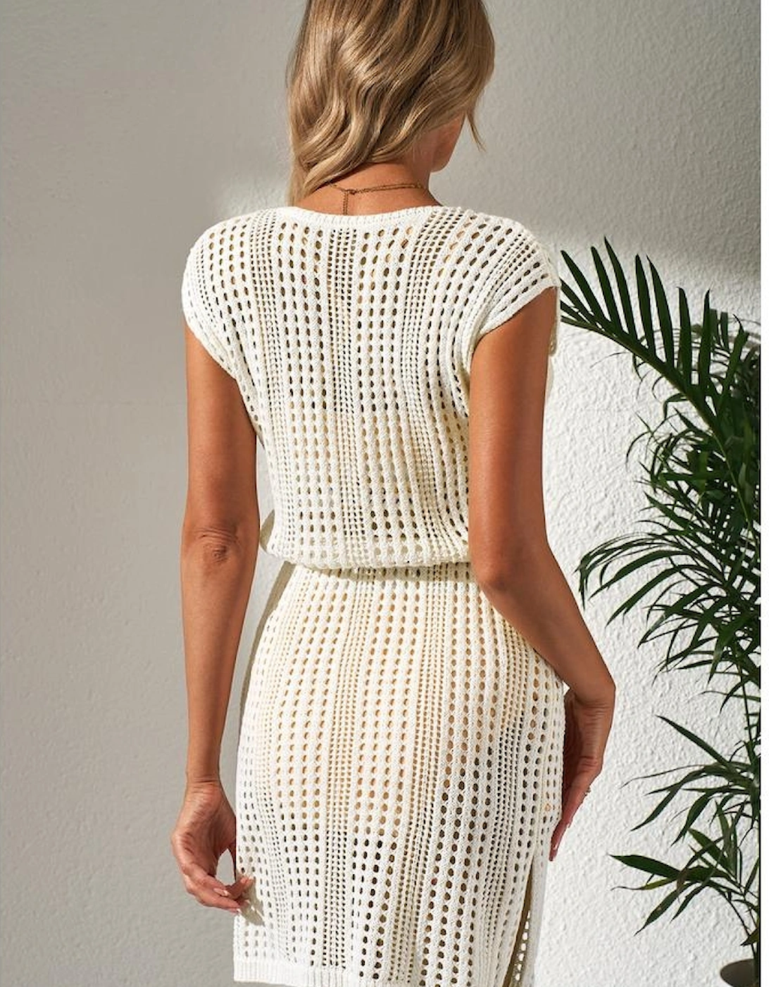 Beige Open Knit Drawstring Waist Beach Dress