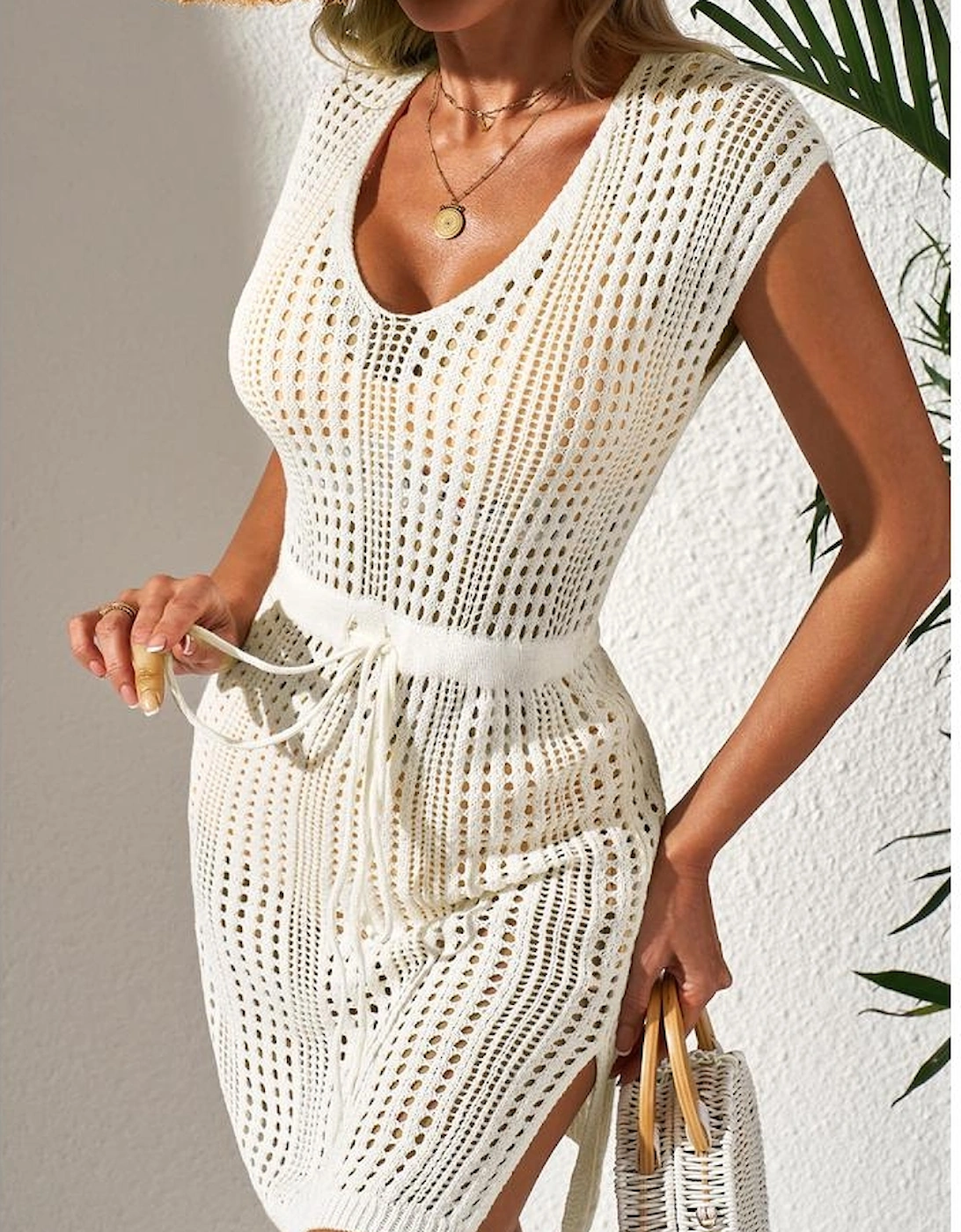 Beige Open Knit Drawstring Waist Beach Dress