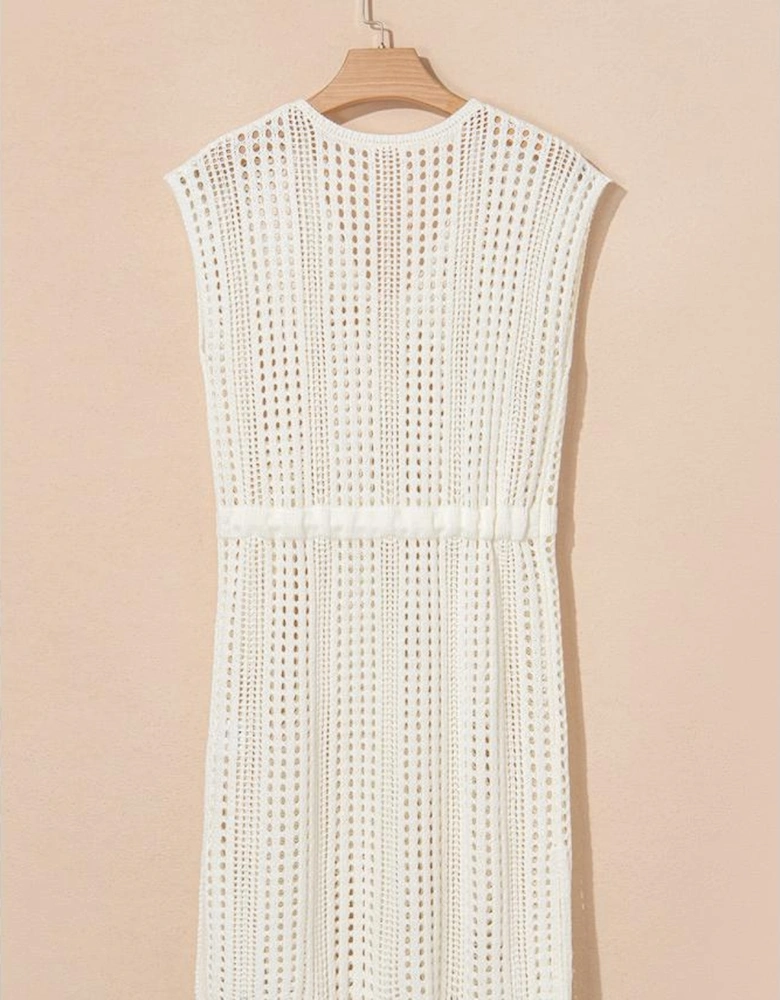Beige Open Knit Drawstring Waist Beach Dress