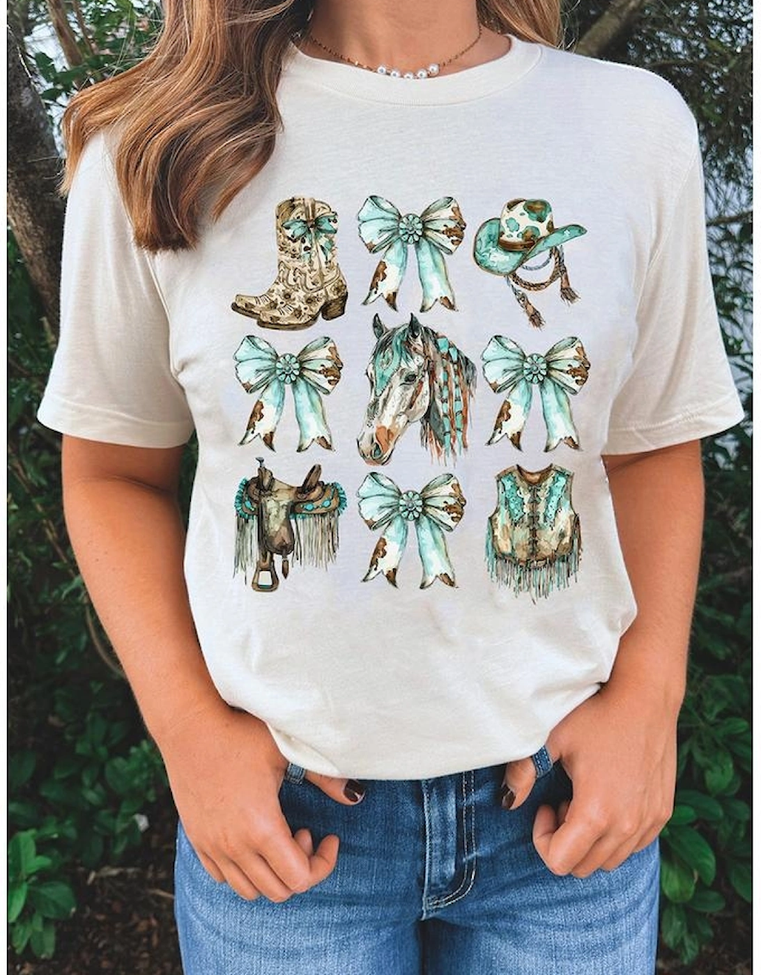 White Horse Bowknot Cowgirl Fashion Print Crewneck Tee, 8 of 7