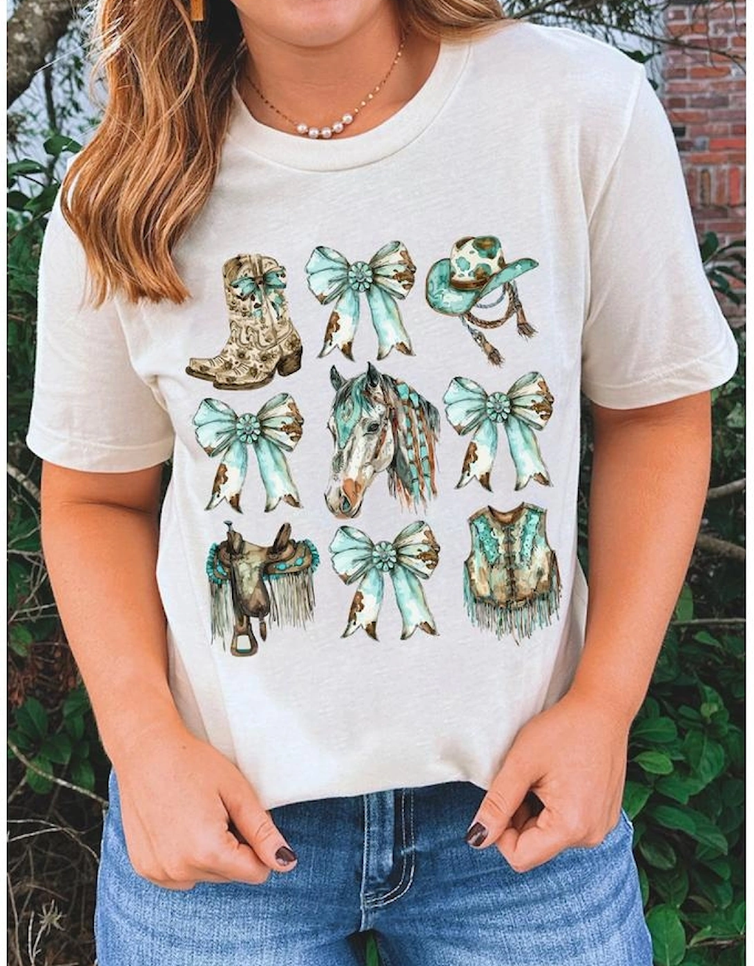 White Horse Bowknot Cowgirl Fashion Print Crewneck Tee
