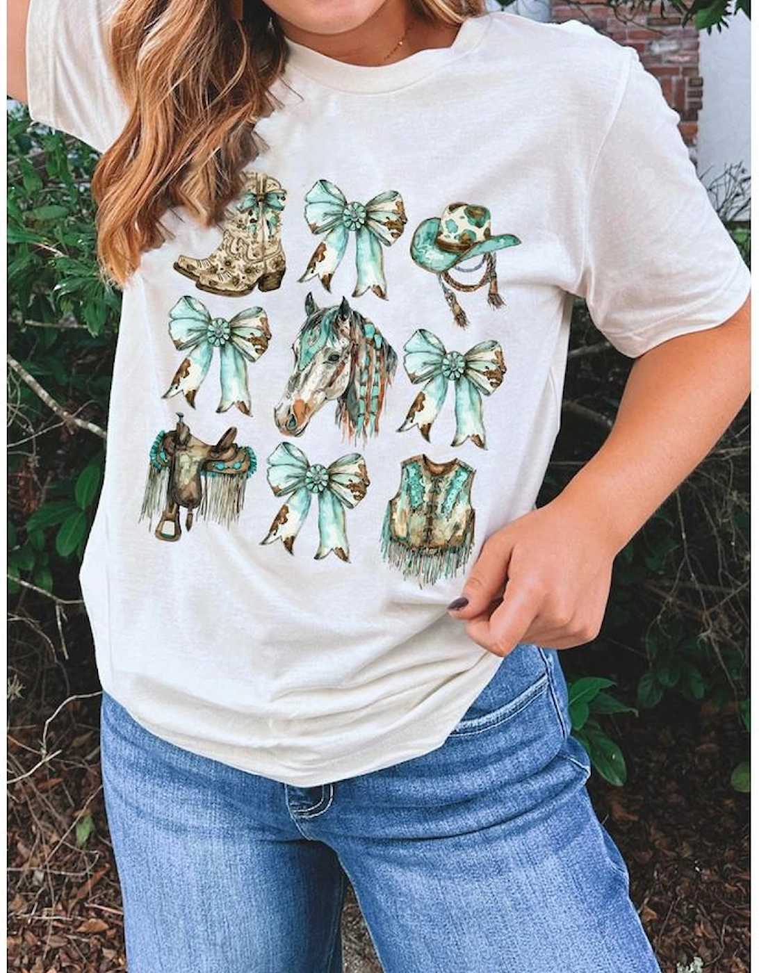 White Horse Bowknot Cowgirl Fashion Print Crewneck Tee