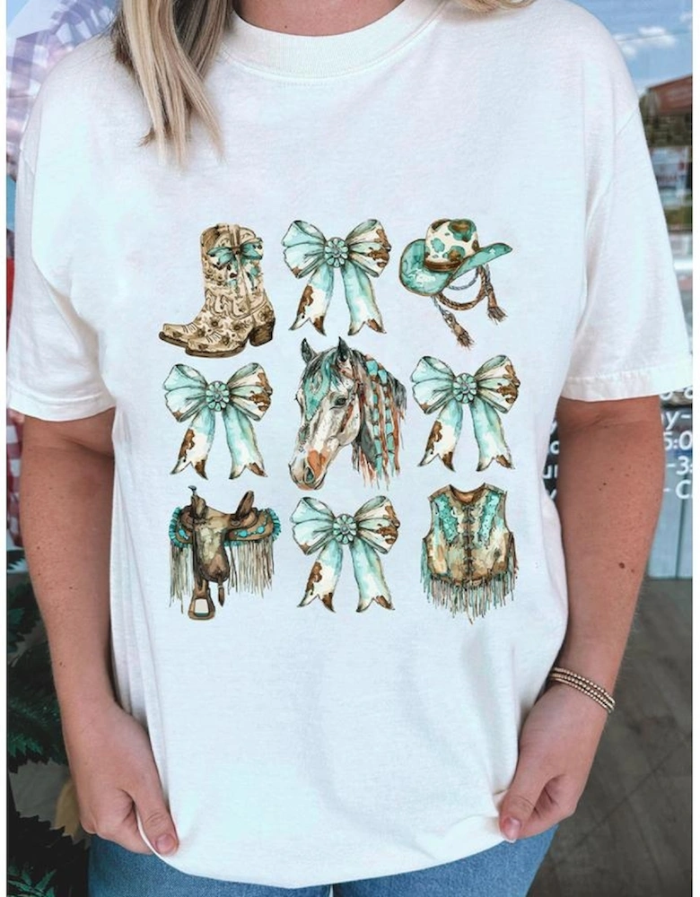 White Horse Bowknot Cowgirl Fashion Print Crewneck Tee