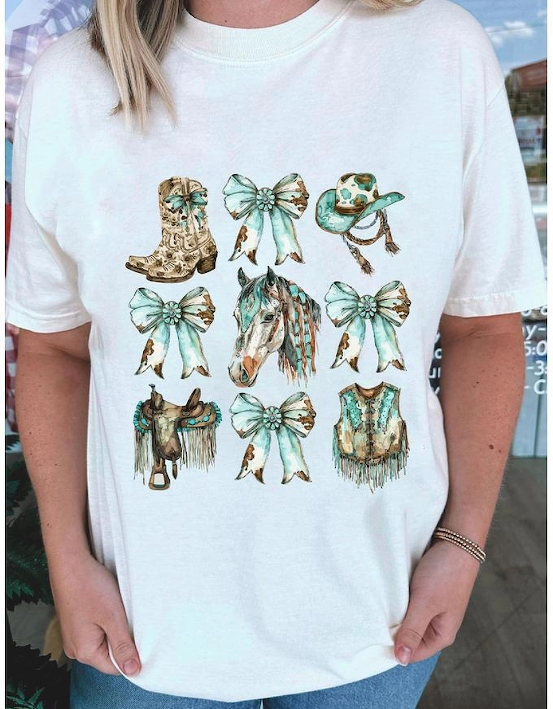 White Horse Bowknot Cowgirl Fashion Print Crewneck Tee