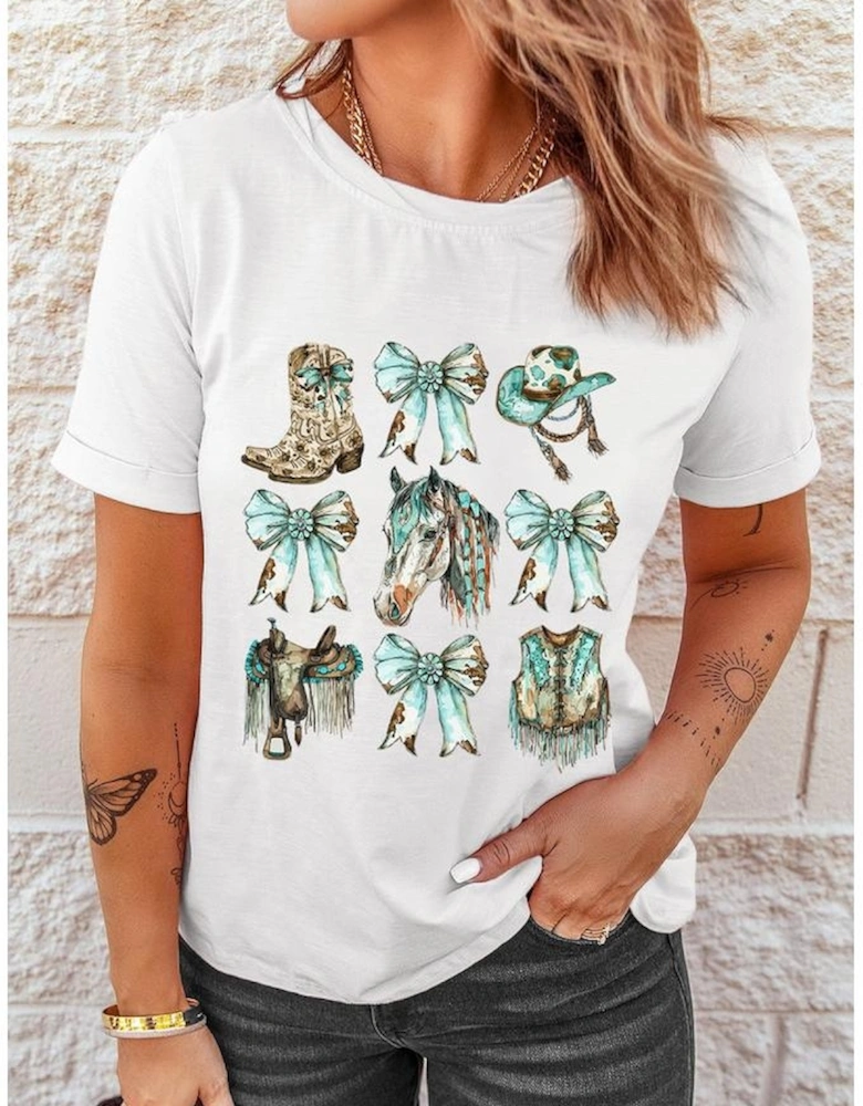 White Horse Bowknot Cowgirl Fashion Print Crewneck Tee