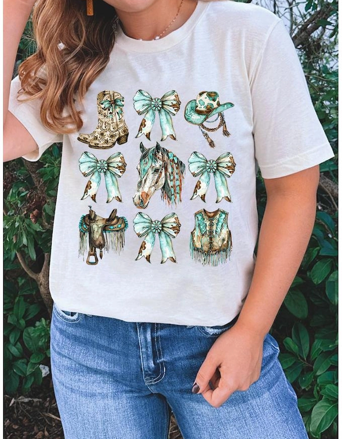 White Horse Bowknot Cowgirl Fashion Print Crewneck Tee