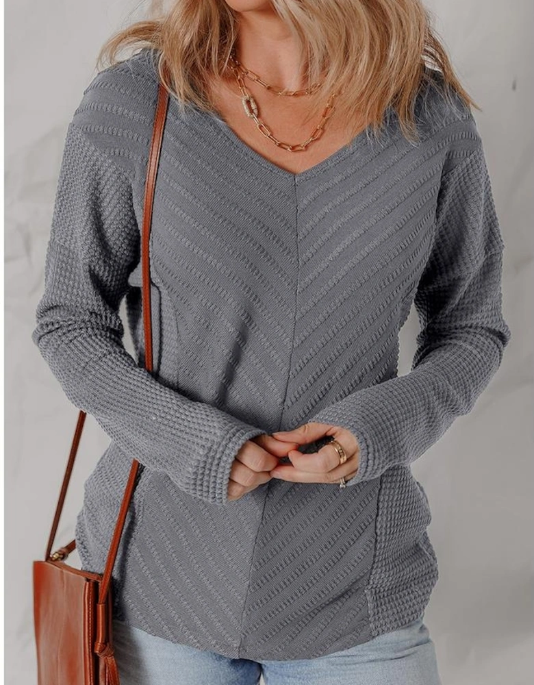 Sleet V Neck Chevron Texture Patchwork Long Sleeve Knit Top