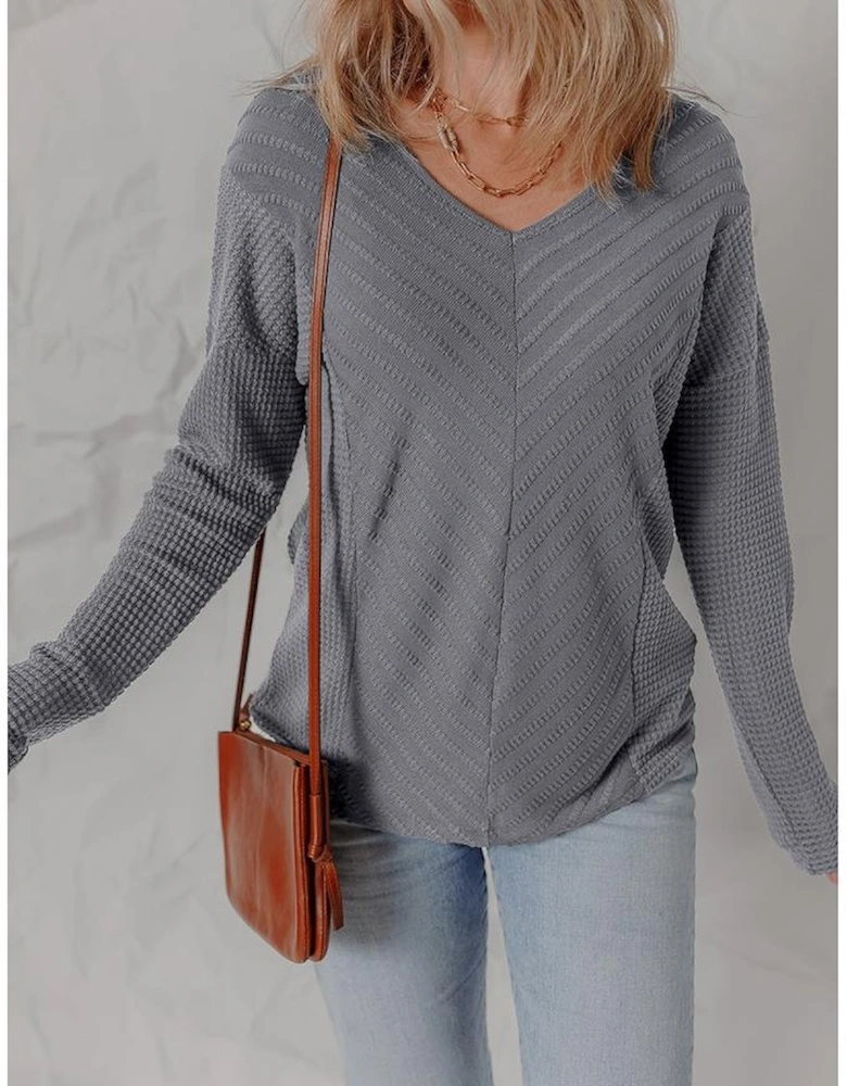 Sleet V Neck Chevron Texture Patchwork Long Sleeve Knit Top