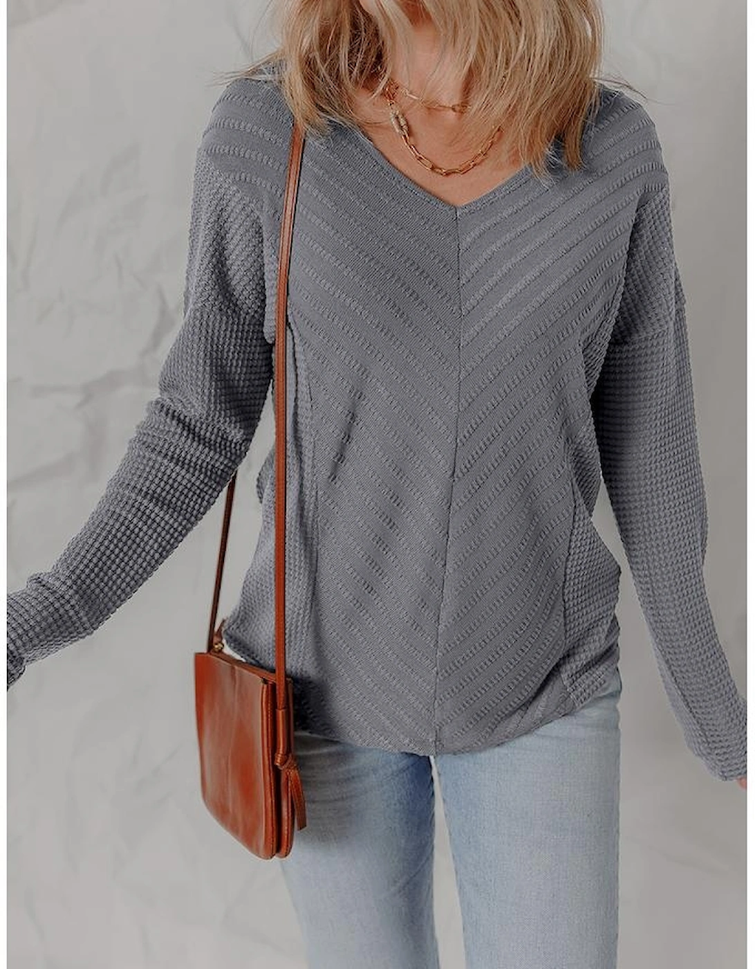 Sleet V Neck Chevron Texture Patchwork Long Sleeve Knit Top
