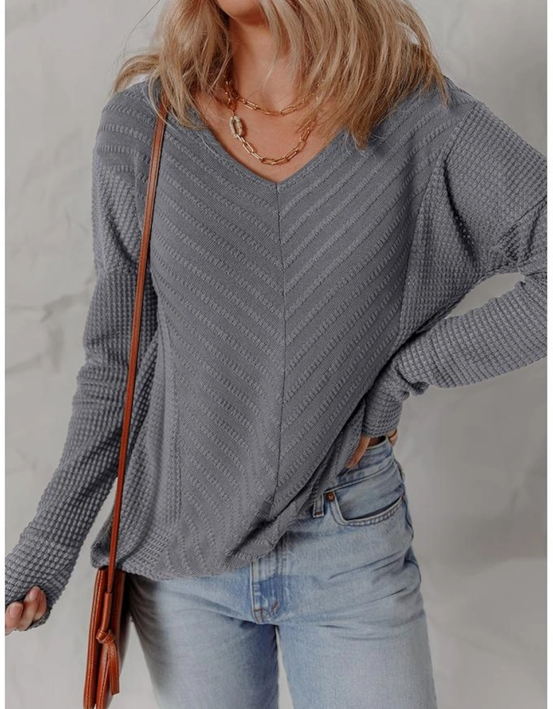Sleet V Neck Chevron Texture Patchwork Long Sleeve Knit Top