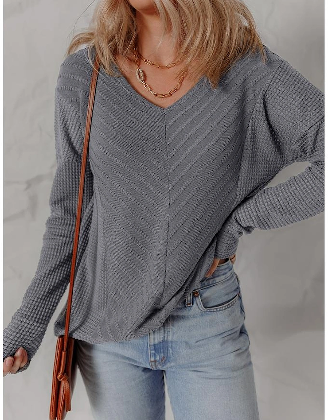 Sleet V Neck Chevron Texture Patchwork Long Sleeve Knit Top