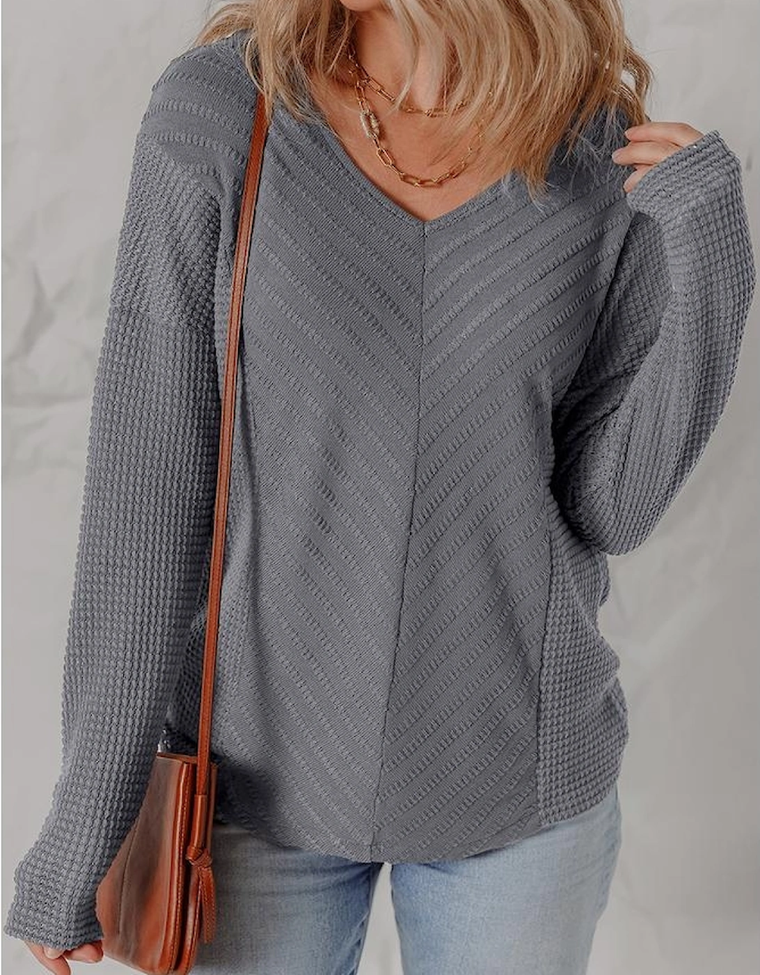 Sleet V Neck Chevron Texture Patchwork Long Sleeve Knit Top