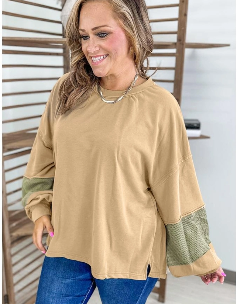 Laurel Green Exposed Seam Contrast Texture Patchwork Plus Size Drop Shoulder Pullover