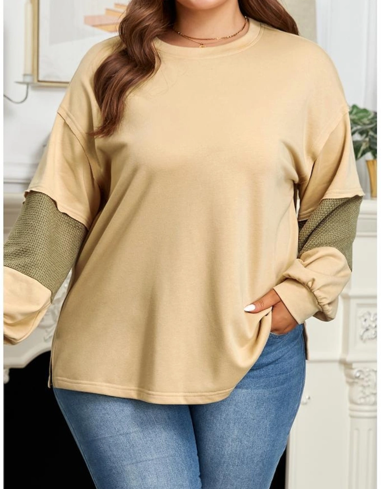 Laurel Green Exposed Seam Contrast Texture Patchwork Plus Size Drop Shoulder Pullover