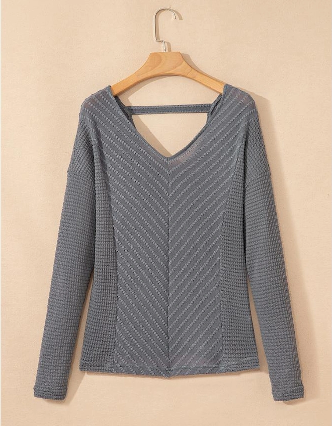 Sleet V Neck Chevron Texture Patchwork Long Sleeve Knit Top
