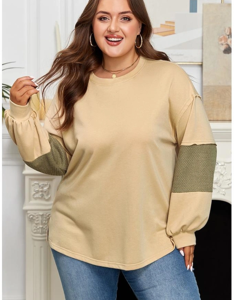 Laurel Green Exposed Seam Contrast Texture Patchwork Plus Size Drop Shoulder Pullover