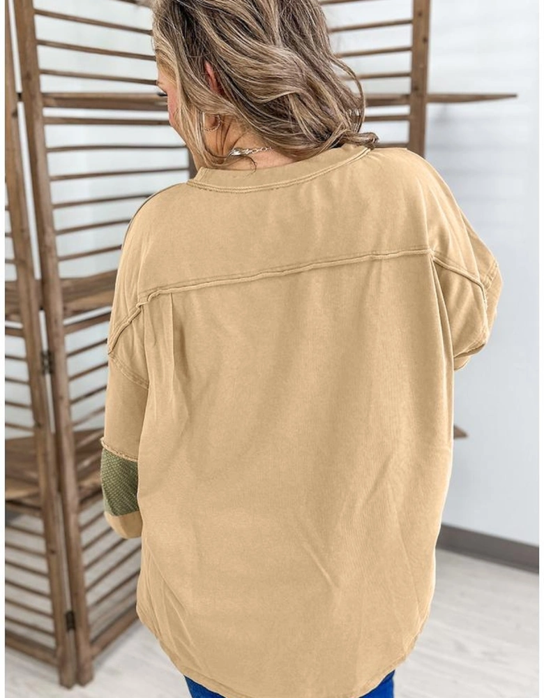 Laurel Green Exposed Seam Contrast Texture Patchwork Plus Size Drop Shoulder Pullover