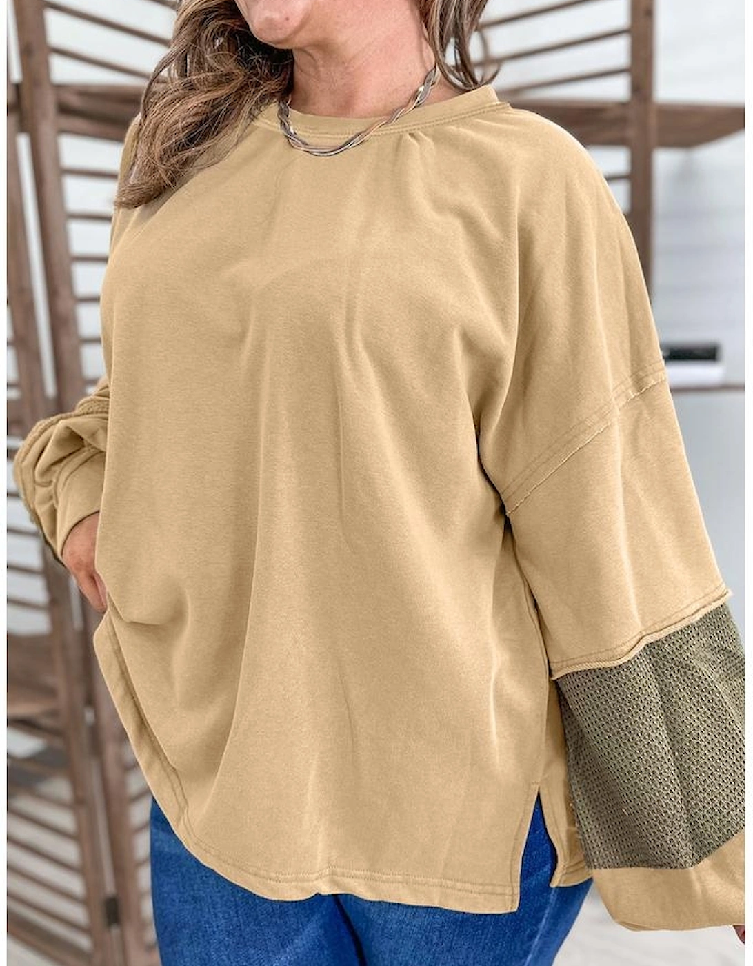 Laurel Green Exposed Seam Contrast Texture Patchwork Plus Size Drop Shoulder Pullover