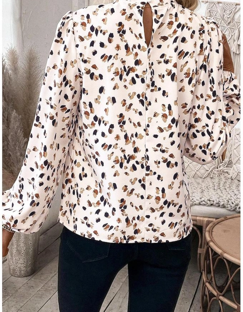White Leopard Print Lantern Sleeve Mock Neck Pleated Blouse