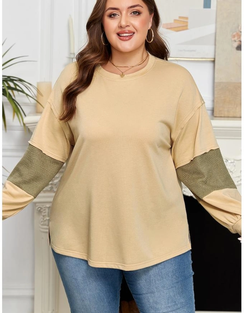 Laurel Green Exposed Seam Contrast Texture Patchwork Plus Size Drop Shoulder Pullover
