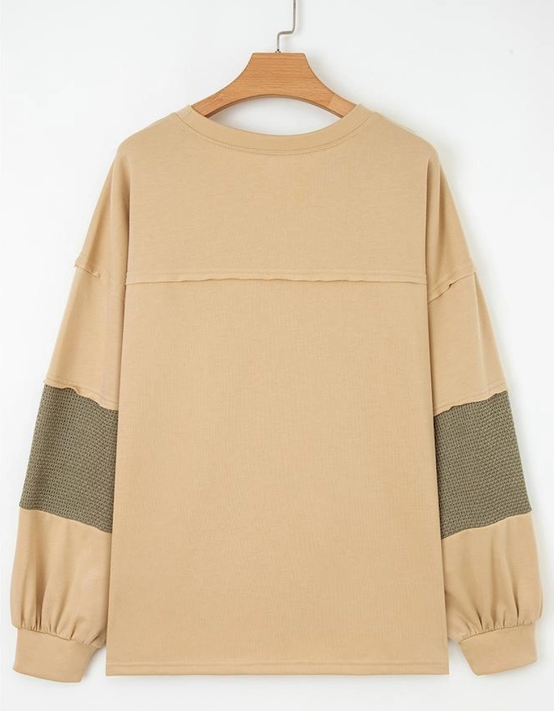 Laurel Green Exposed Seam Contrast Texture Patchwork Plus Size Drop Shoulder Pullover